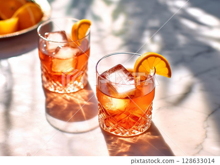 Summer spritz cocktail with prosecco and soda with orange slice on marble table.Macro.AI Generative Summer spritz cocktail with prosecco and soda with orange slice on marble table.Macro.AI Generative 128633014