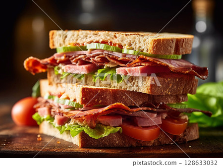 Ham and cheese sandwich,lettuce and tomato slice on wooden board.Macro.AI Generative 128633032