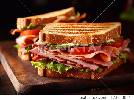 Toasted sandwiches with ham and cheese and vegetables on wooden table.Macro.AI Generative 128633065