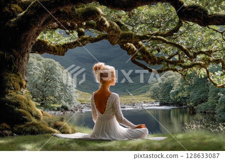 Serene woman meditating by tranquil lake under lush green trees with soft sunlight filtering through 128633087