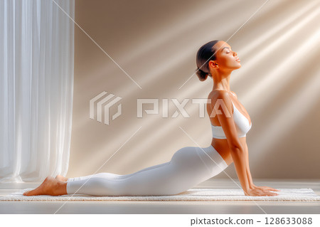 Woman practicing yoga in serene environment with natural light and soft textures enhancing tranquility Woman practicing yoga in serene environment with natural light and soft textures enhancing tranquility 128633088
