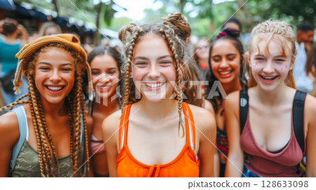 Group of cheerful young girls smiling together outdoors in vibrant summer attire with joy 128633098
