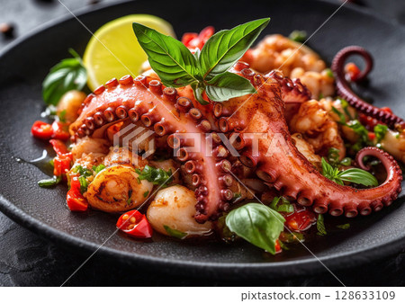 Grilled octopus on plate with basil and lemon on fine dining restaurant table.Macro.AI Generative 128633109