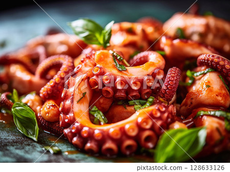 Close up of grilled octopus with basil on stone board.Macro.AI Generative 128633126