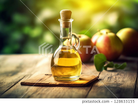 Glass bottle of organic apple vinegar on table in green park with ripe apples.Macro.AI Generative 128633155