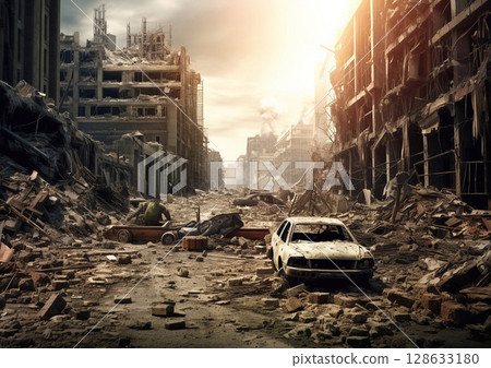 Destroyed city during war,bombing buildings as worldwide disaster.Macro.AI Generative Destroyed city during war,bombing buildings as worldwide disaster.Macro.AI Generative 128633180