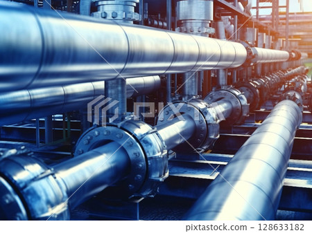 Pipelines in the process of oil refining of oil and gas on large factory.Macro.AI Generative 128633182