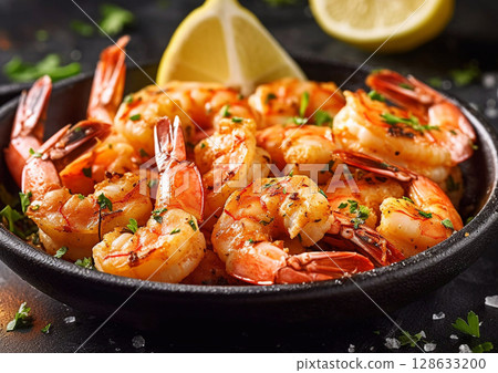 Plate with grilled seafood prawn shrimps with lemon and herbs on table.Macro.AI Generative 128633200