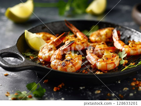 Pan with grilled seafood prawn shrimps with lemon and herbs on table.Macro.AI Generative 128633201