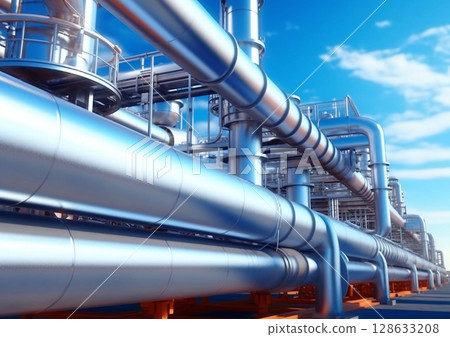 Oil and gas pipelines on large factory in sunny summer day.Macro.AI Generative 128633208