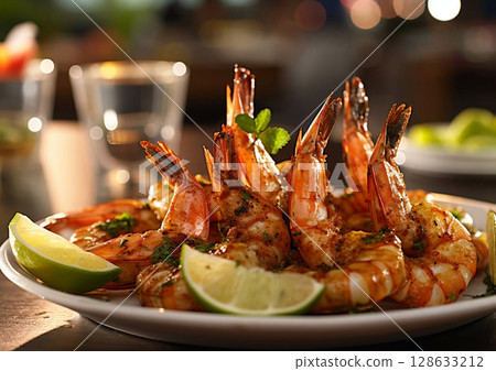Grilled seafood prawn shrimps with lemon in plate on fine dining restaurant table.AI Generative 128633212