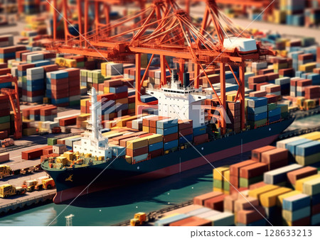 Ship docked in seaport waiting for crane for containers to be loaded.Top view.AI Generative 128633213