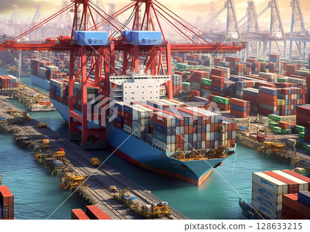 Sea port dock with large cargo ships,cranes and containers and thousand of workers.AI Generative 128633215