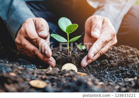Businessman growing plant with coin money. 128633221