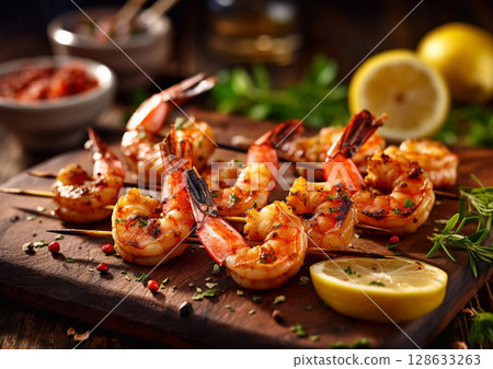 Grilled shrimps prawns on sticks with lemon and sauce on table.Macro.AI Generative 128633263