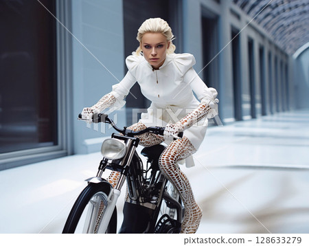 Blond fashion beautiful model on retro bike wearing white designer clothing.Macro.AI Generative 128633279