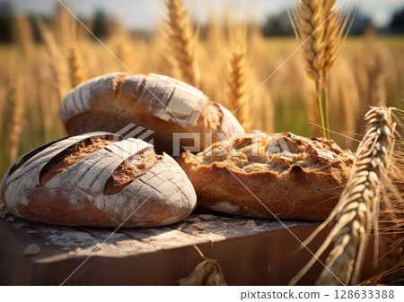 Loaves of fresh rye bread on rye field background.Macro.AI Generative Loaves of fresh rye bread on rye field background.Macro.AI Generative 128633388