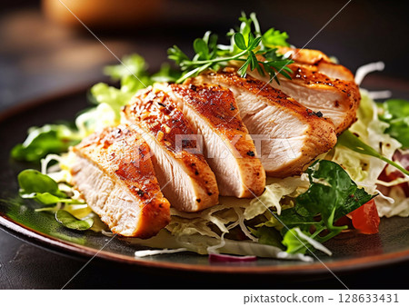 Plate with grilled chicken fillet and fresh vegetables healthy keto lunch on table.AI Generative 128633431