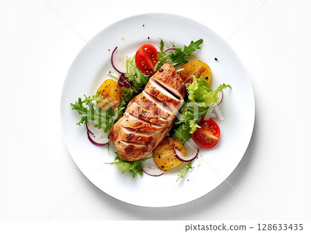 Grilled chicken fillet with fresh vegetables healthy keto lunch on white.Top view.AI Generative 128633435