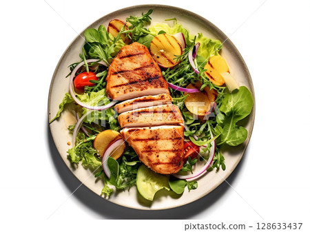 Keto lunch with chicken fillet and fresh salad on white.Top view.AI Generative 128633437