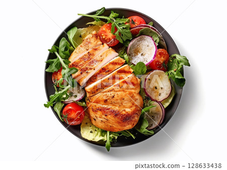 Keto lunch with chicken fillet and fresh salad on white.Top view.AI Generative 128633438