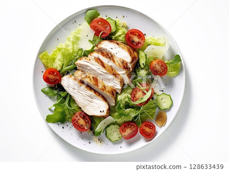 Keto lunch with chicken fillet and fresh salad on white.Top view.AI Generative 128633439