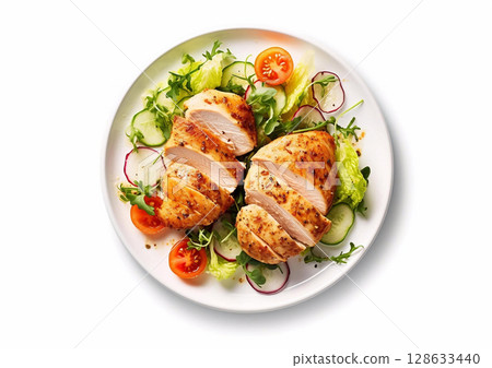 Keto lunch with chicken fillet and fresh salad on white.Top view.AI Generative 128633440