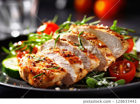 Keto lunch with chicken fillet and fresh salad on table in fine dining restaurant.AI Generative 128633441