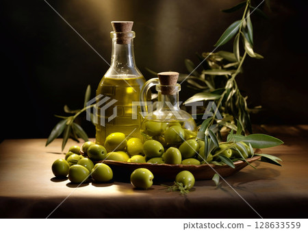 Bottle of virgin olive oil with ripe free olives and leaves on wooden table.Macro.AI Generative 128633559