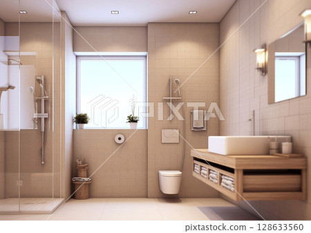 Shower and sink in light beige colors with modern design.Macro.AI Generative 128633560