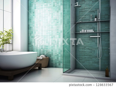 Modern design bathroom with shower and sink in marine colors.Macro.AI Generative Modern design bathroom with shower and sink in marine colors.Macro.AI Generative 128633567