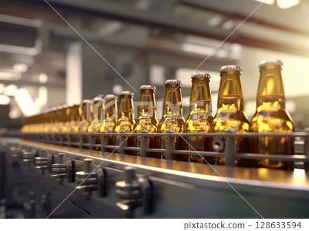 Beer factory conveyor with brown glass bottles on modern production line.Macro.AI Generative 128633594