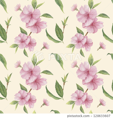 Watercolor seamless pattern with peach pink flowers, spring flowers Watercolor seamless pattern with peach pink flowers, spring flowers 128633607