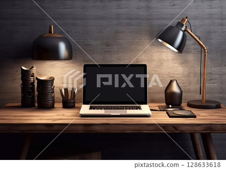 Dark wooden modern minimalist desk setup with laptop and lamp.Macro.AI Generative 128633618