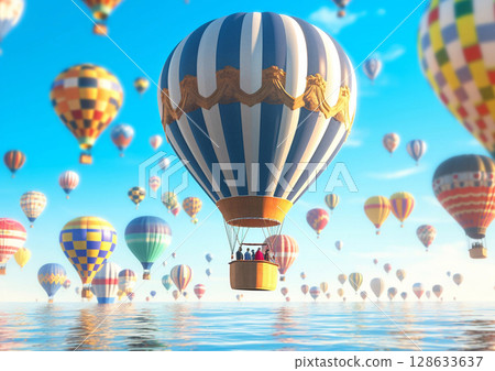 Sea view with colorful hot air balloons party flight on sunny day.Macro.AI Generative Sea view with colorful hot air balloons party flight on sunny day.Macro.AI Generative 128633637