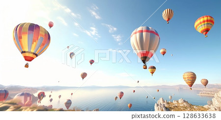 Sea view with colorful hot air balloons party flight on sunny day.Macro.AI Generative Sea view with colorful hot air balloons party flight on sunny day.Macro.AI Generative 128633638