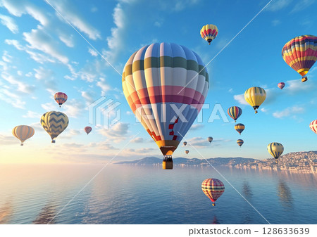 Sea view with colorful hot air balloons party flight on sunny day.Macro.AI Generative Sea view with colorful hot air balloons party flight on sunny day.Macro.AI Generative 128633639