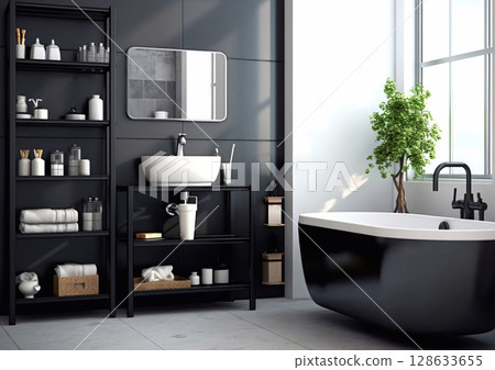 Modern scandinavian style bathroom interior with shelves and bathtub with black tones.AI Generative 128633655