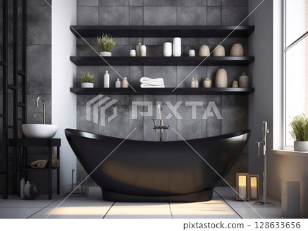 Modern scandinavian style bathroom interior with shelves and bathtub with black tones.AI Generative 128633656