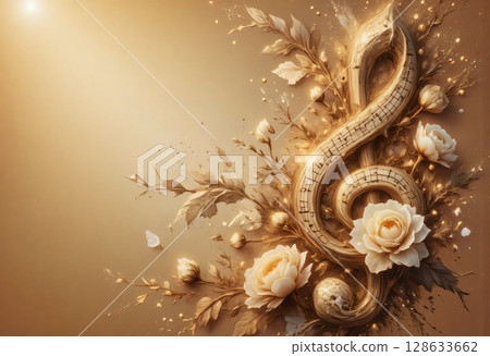 Golden music clef with roses and sparkle 128633662