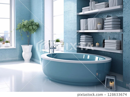 Modern scandinavian style bathroom interior with shelves and bathtub with blue.Macro.AI Generative 128633674