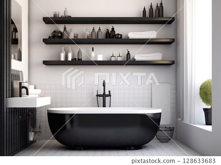 Modern interior bathroom with bathtub and shelves in black colors and window.Macro.AI Generative 128633683