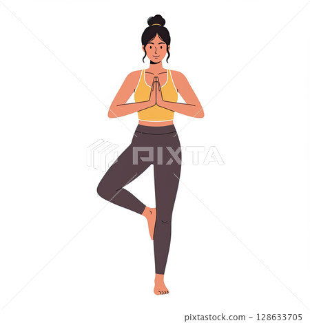 Woman practicing yoga tree pose illustration 128633705