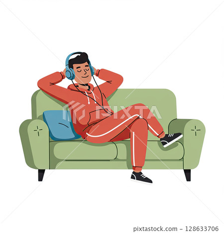 Man Relaxing on Sofa Listening to Music with Headphones 128633706