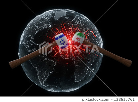 Israel and Iran Flags on Hammers Smashing Earth 128633761