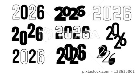 Vector illustration of stylized black and white numbers 2026. Set of symbols of 2026. Inscriptions for the new year. 128633801
