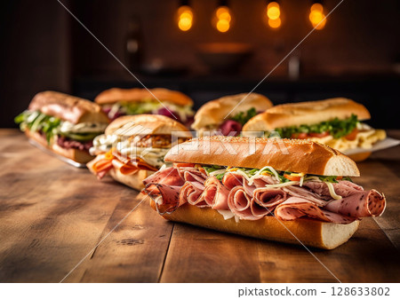 Various fresh tasty submarine sandwiches with vegetables,ham,cheese,pork,beef,turkey breast and various sauces on table.Macro.AI Generative 128633802