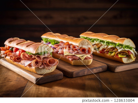 Various fresh tasty submarine sandwiches with vegetables,ham,cheese,pork,beef,turkey breast and various sauces on chopping board.Macro.AI Generative 128633804