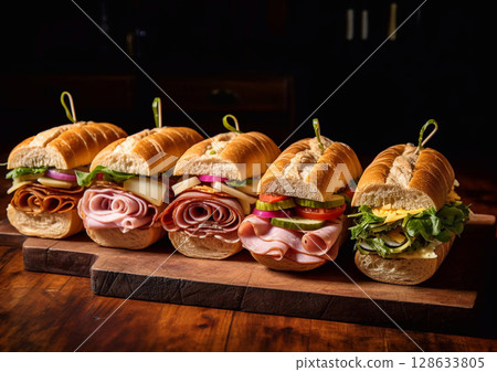 Assorted delicious submarine sandwiches on chopping board.Macro.AI Generative 128633805