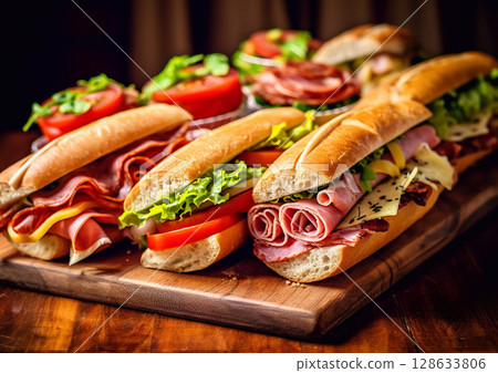 Assorted delicious submarine sandwiches on wooden table.Macro.AI Generative 128633806